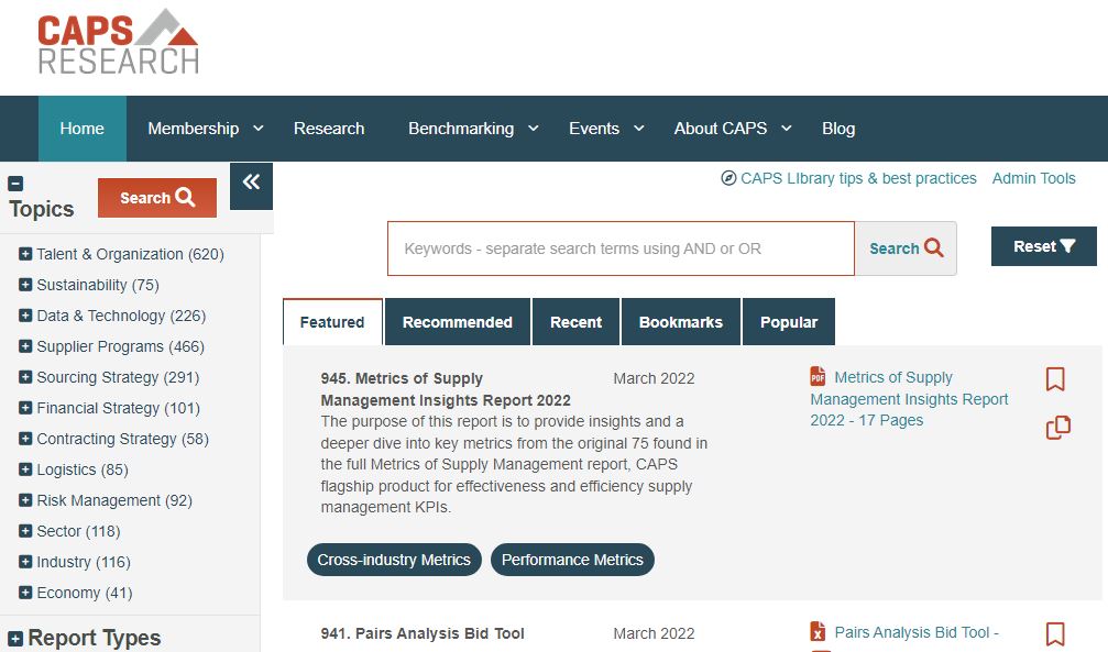 Screenshot of CAPS Research Library Search Topics